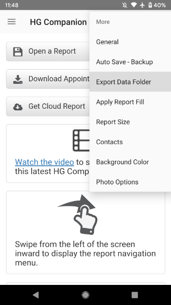 select export data folder option