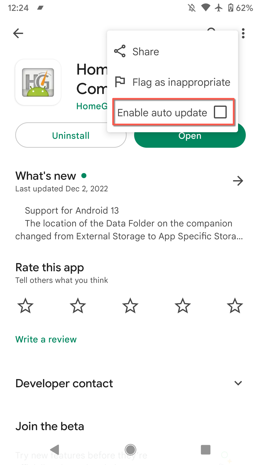 Google Play store app page showing the auto-updates setting