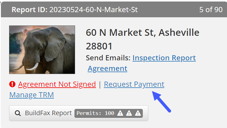 screenshot of report on HomeGauge inspector dashboard with arrow pointing to Request Payment