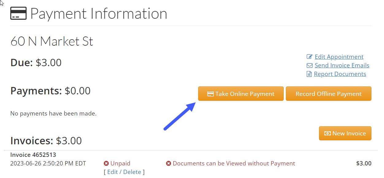 payment invoice screen with an arrow pointing to Take Online Payments button