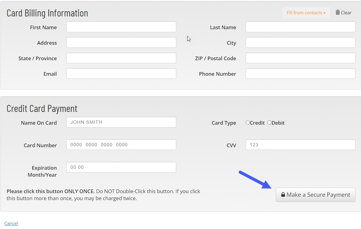 credit card billing information form