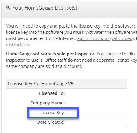 section labeled Your HomeGauge License(s) with blue box around License Key option