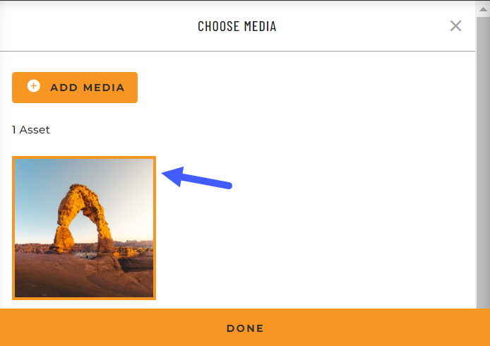 screenshot of media library with a photo of Arches National Park highlighted