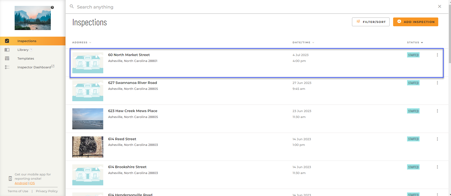 screenshot of HomeGauge Web Writer dashboard showing list of inspections
