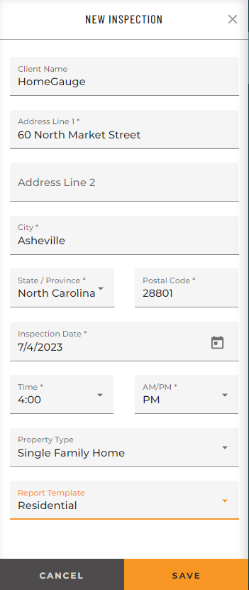 screenshot of form to enter New Inspection information