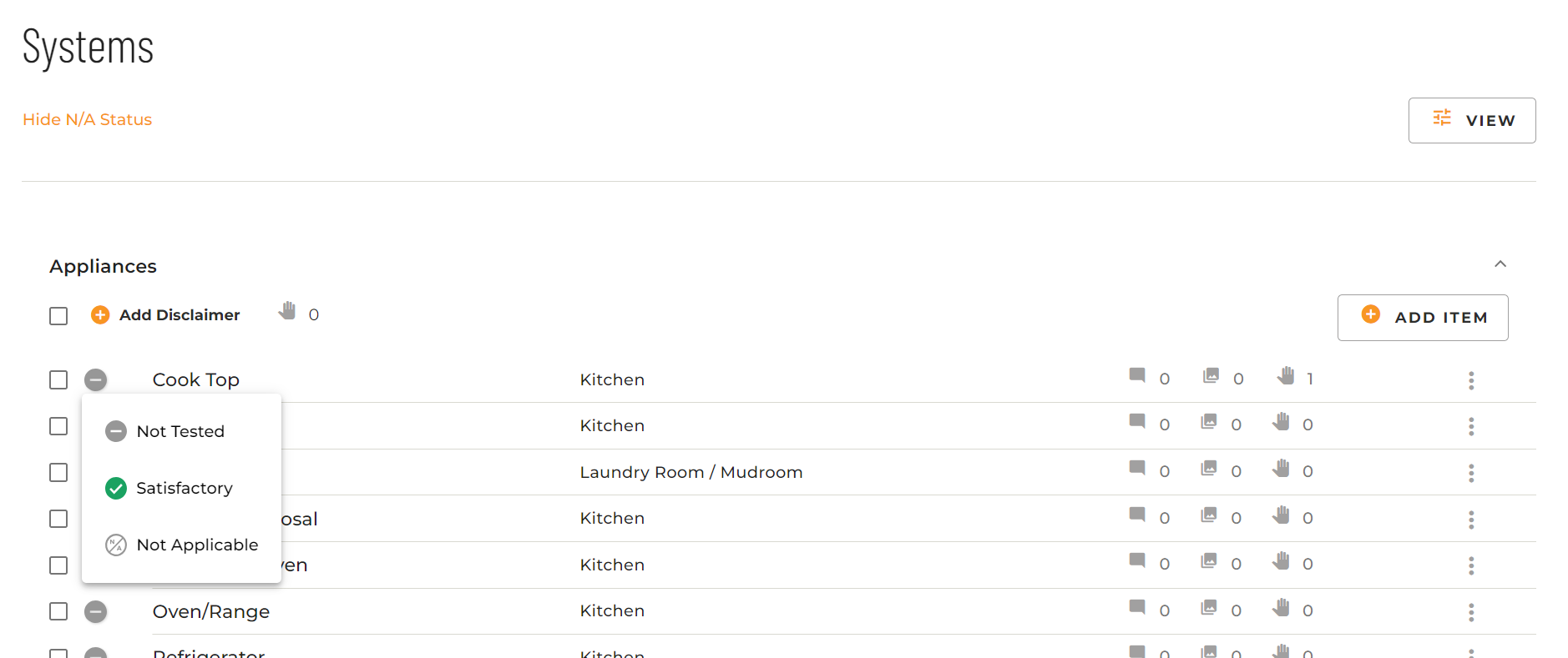 screenshot of section titled Systems with subsection titled Appliances with list of different appliances underneath