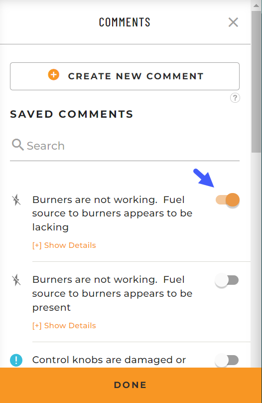 screenshot of section titled Comments with button labeled Create New Comment and saved comments listed