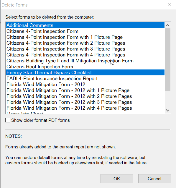 screenshot of pop-up window showing forms list