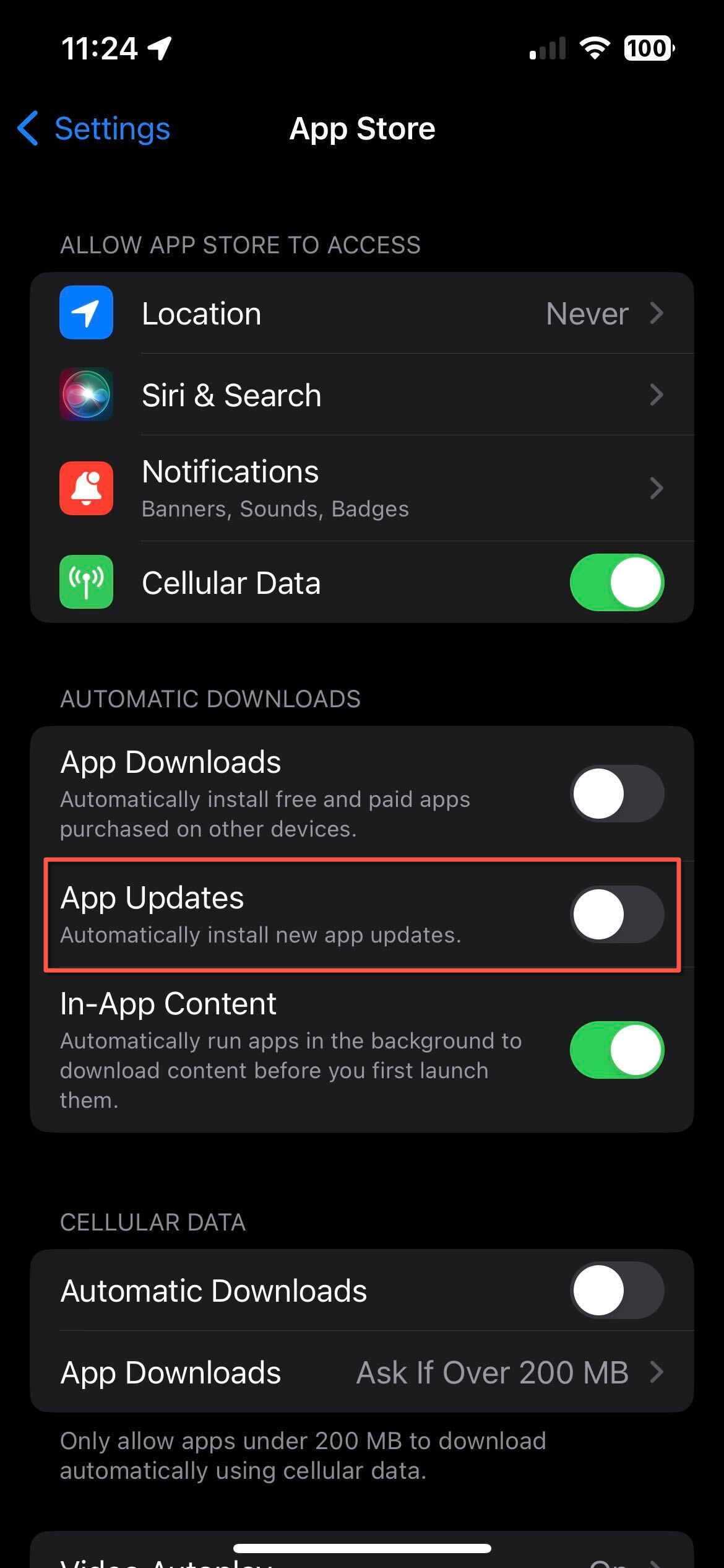 iPhone settings screen showing app updates setting