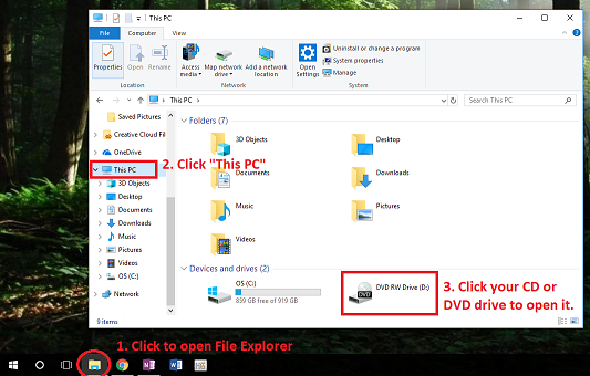 Windows - how to access CD or DVD drive